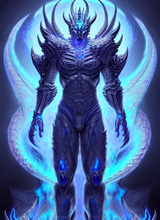 Image similar to muscular and tall blue ghostly fire humanoid dragon!!!! draconian!! intricate ornate iridescent heavy armor!! character concept art, sharp focus, octane render! unreal engine 5! highly rendered!! trending on artstation!! detailed linework!! illustration by artgerm, wlop, and chie yoshii