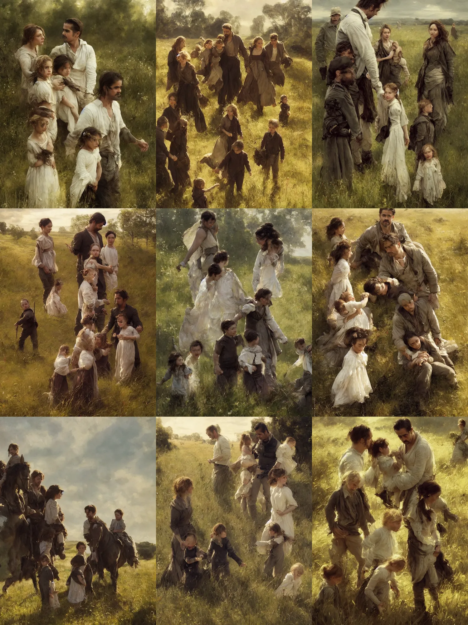 Prompt: family, colin farrell and ruth negga and kids in open fields, art by anders zorn, detailed faces, micro detail, wonderful masterpiece by greg rutkowski, beautiful cinematic light, american romanticism thomas lawrence, greg rutkowski