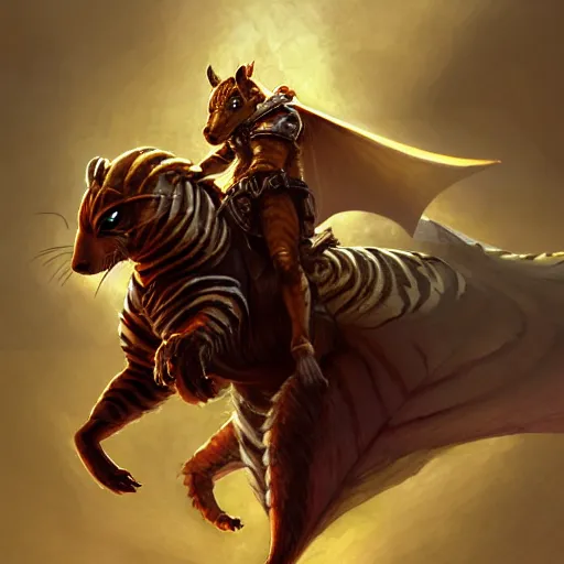 Image similar to Squirrel knight riding tiger, magic the gathering artwork, D&D, fantasy, cinematic lighting, centered, symmetrical, highly detailed, digital painting, artstation, concept art, smooth, sharp focus, illustration, volumetric lighting, epic Composition, 8k, art by Akihiko Yoshida and Greg Rutkowski and Craig Mullins, oil painting, cgsociety