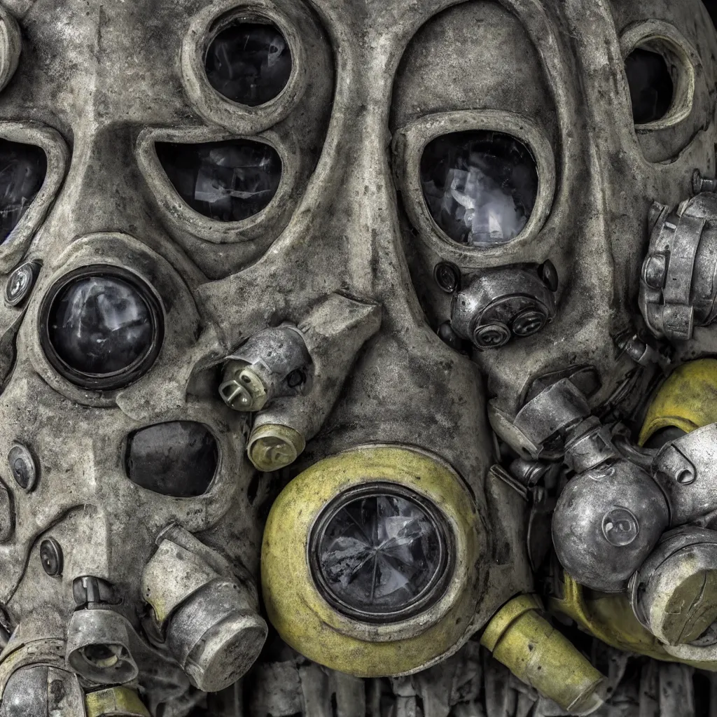 Prompt: high pollution, pripyat, chernobyl, close up gas masks, soviet brutalism, dieselpunk, industrial, very detailed, diesel, 4 k