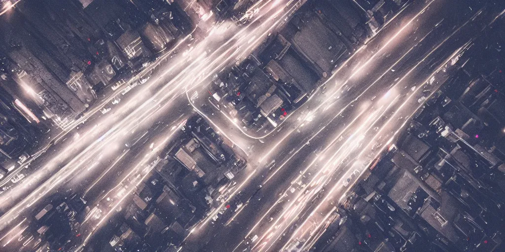 Prompt: a city street at night, snowing, photograph, cyberpunk, sharp focus, intricate detail, Desolate, drone shot,