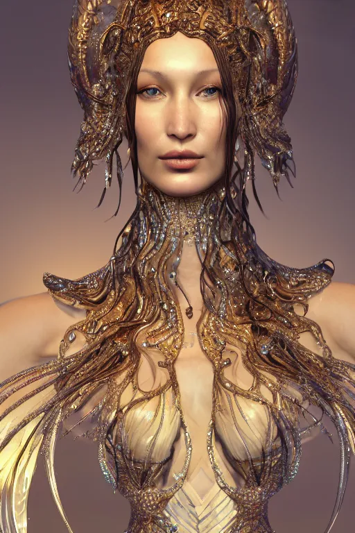 Prompt: a portrait of a beautiful ancient alien woman goddess bella hadid aphrodite standing in iris van herpen dress jewelery and fractals in style of alphonse mucha art nuvo dmt trending on artstation made in unreal engine 4