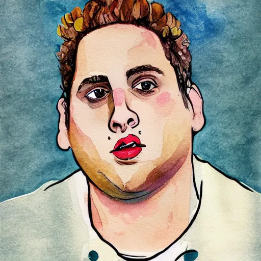 Prompt: jonah hill, stylized. Watercolor and ink. 1960s.