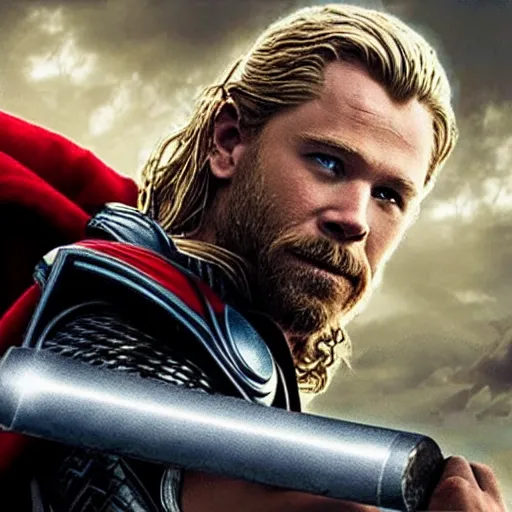 Prompt: thor with dog's head, holding a hammer, cinematic thunder background