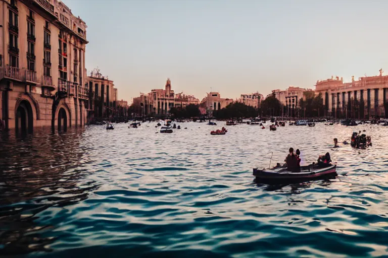 Image similar to views of people on boats on a catastrophic barcelona, buildings covered with high water, floating cars, sunset lighting, photo real