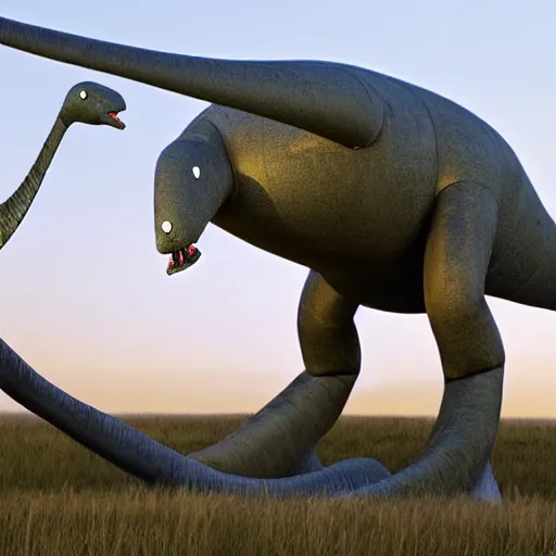 Prompt: robotic battle brontosaurus, nature photography