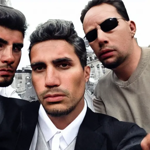 Image similar to selfie, 5 men, highly detailed face, gangster style photograph