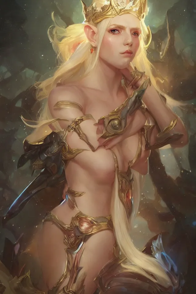 Prompt: Portrait of Beautiful blonde elf queen with opal eyes and elf ears, league of legends, LOL, fantasy, digital painting, artstation, concept art, sharp focus, illustration, art by greg rutkowski and alphonse mucha