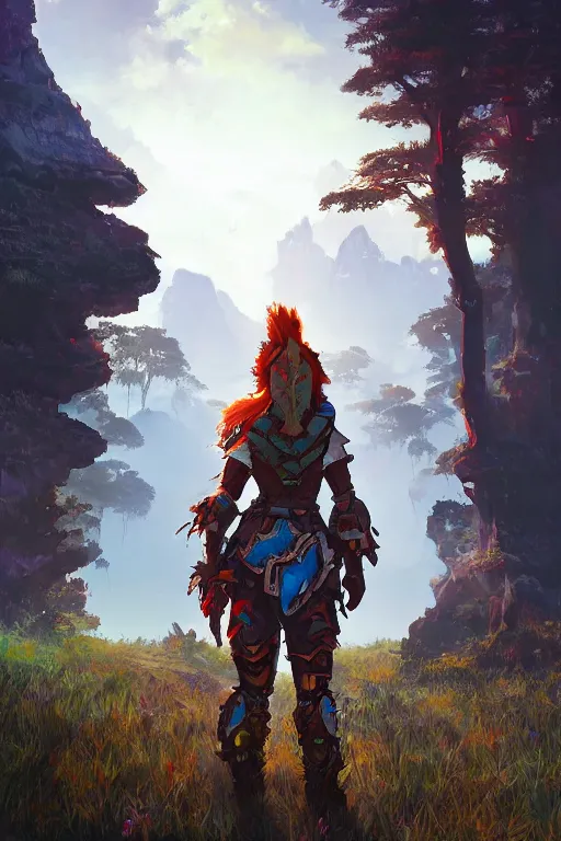 Image similar to combination suit armor aloy horizon forbidden west horizon zero dawn radiating a glowing aura global illumination ray tracing hdr fanart arstation by ian pesty and alena aenami artworks in 4 k tribal robot ninja mask helmet backpack