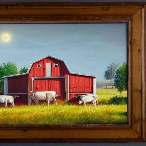 Image similar to exterior view of modern futuristic farm barn architecture, cows, pigs, chickens, detailed luminescent oil painting 4 k