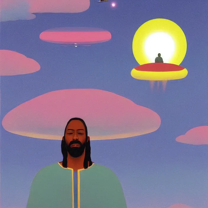 Image similar to UFO hovering over an African Jesus , clouds, colorful, painting by Hsiao-Ron Cheng,