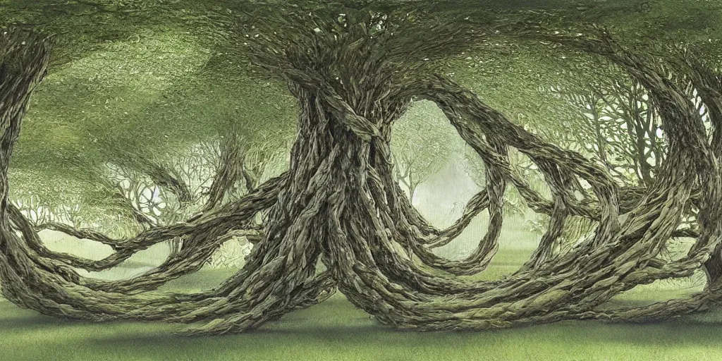 Image similar to Artwork by John Howe of Eight different trees twisted together to create a shelter underneath.