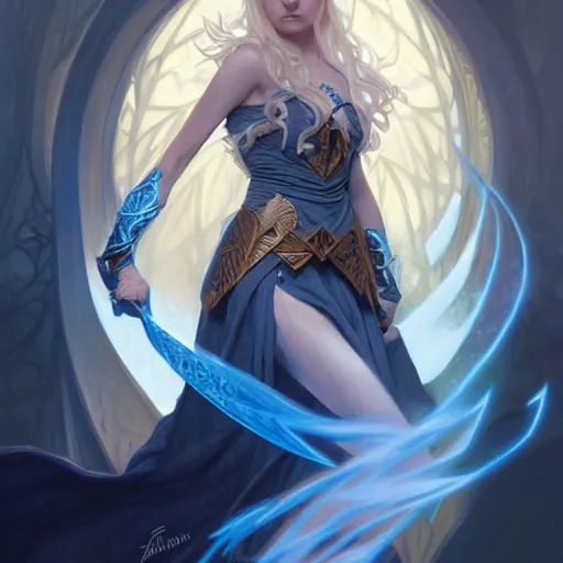 Image similar to half elf sorceress, D&D, blue eyes, blonde hair, fantasy, intricate, elegant, highly detailed, digital painting, artstation, concept art, smooth, sharp focus, illustration, art by artgerm and greg rutkowski and alphonse mucha