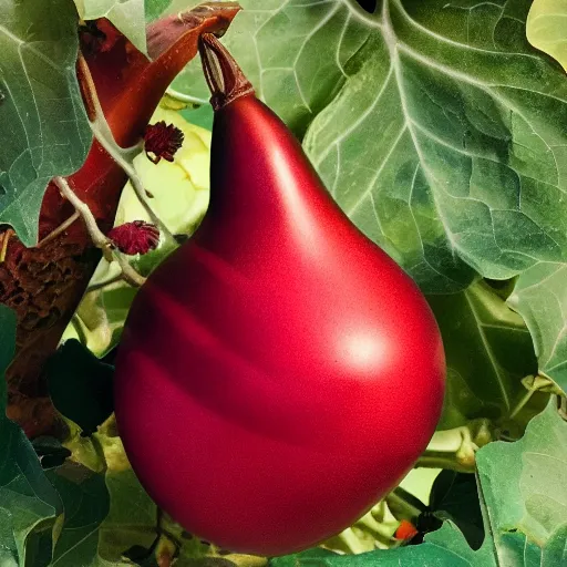 Image similar to a ornate detailed red and purple glowing egg, an eggplant fruit still on the vine