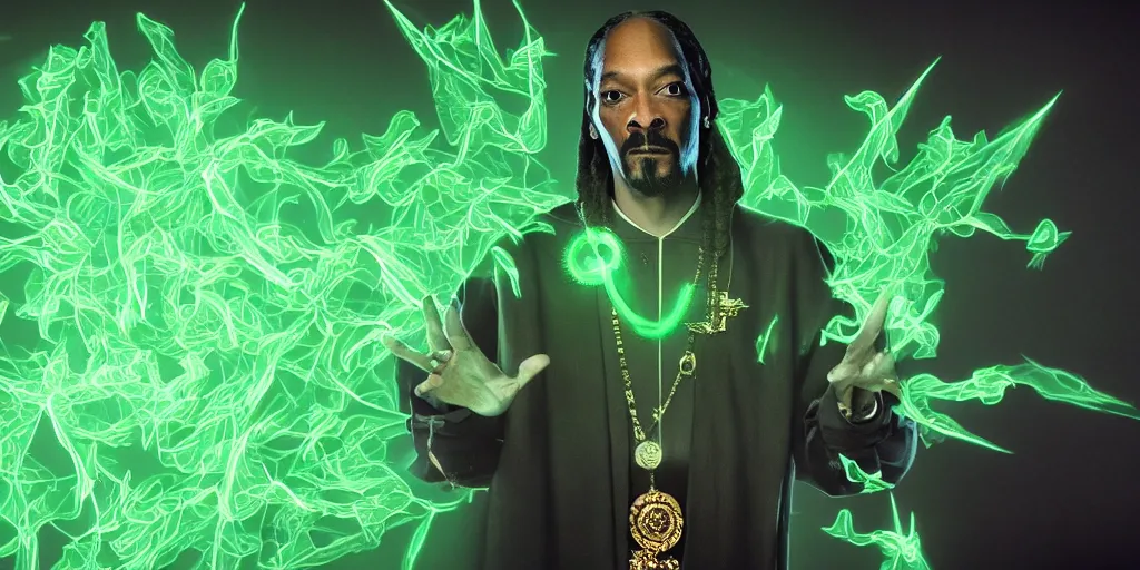 Prompt: snoop dogg as doctor strange, multiple dimensions, green light, marijuana leaves, marijuana, highly detailed, environmental light, cinematic by francis tneh, green magic, 8 k