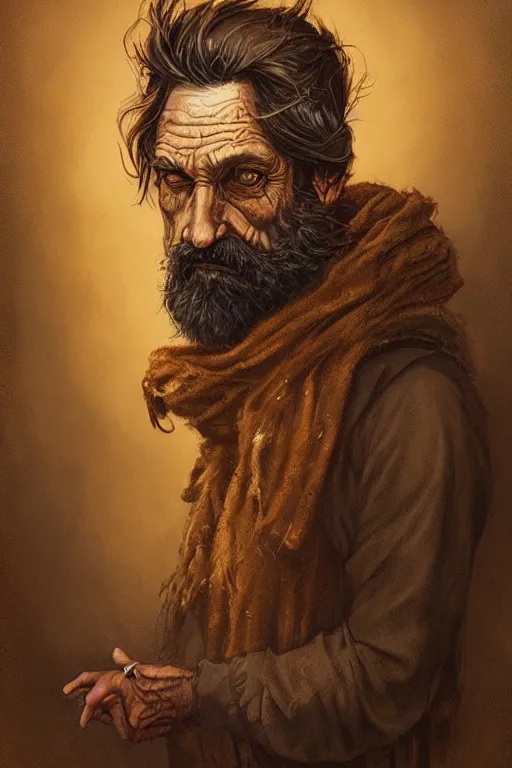 Prompt: full-body portrait of a majestic hobo, brown and gold, rags, beard, fisheye lens, by Anato Finnstark, Tom Bagshaw, Brom