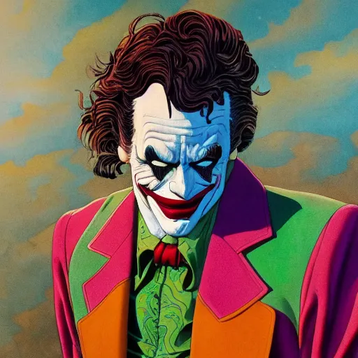 Image similar to jean giraud and moebius and don lawrence and alex ross and john romita jr, gouache and wash paints, smooth focus, sharp details, detailed details, bokeh, 4 k, fine 5 k details, fine details, fine intricate, fine facial proportionate, fine body proportionate / joaquin phoenix joker comic panel