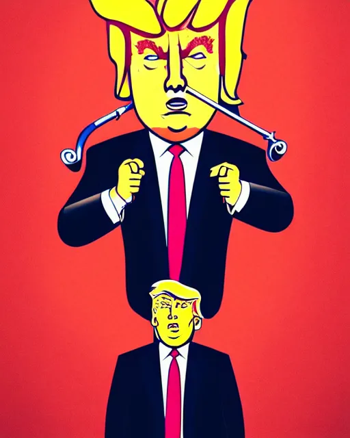 Image similar to portrait photograph of trump with trumpet hair warm lighting, trump has hair as a trumpet, trumps hair is coming out as trumpet. movie poster, illustration by bartek fedyczak, erak note, tooth wu, neil richards, kan liu, siwoo kim, jisu choe, trending on art station