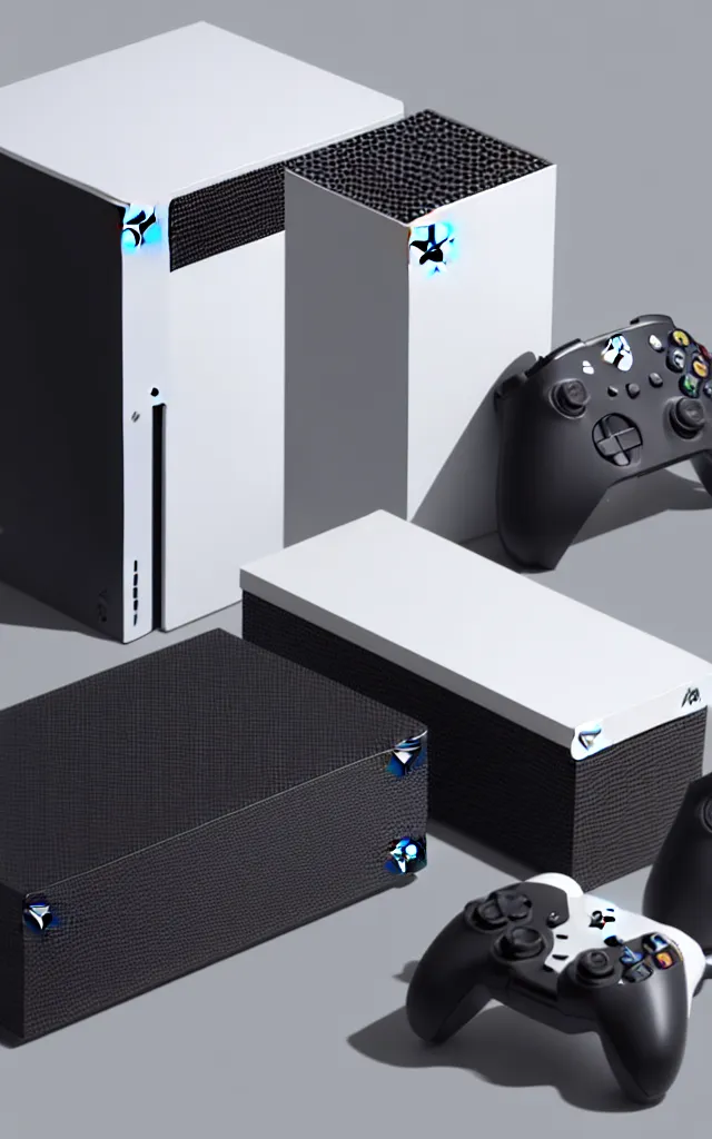 Prompt: A realistic photo of a mixture of Playstation 5 and Xbox Serie X with white background, hyperrealistic, 50mm, 1.4, kodak portra