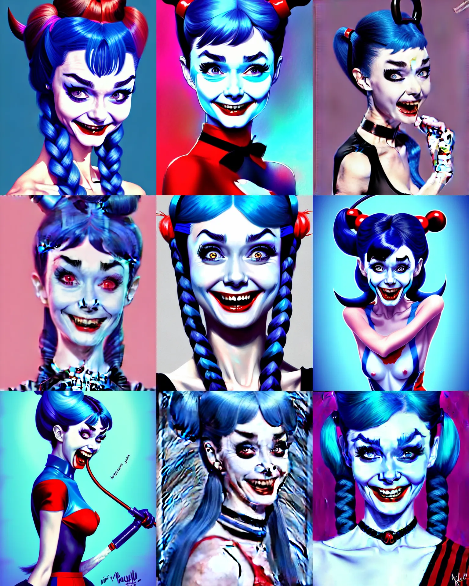 Prompt: evil audrey hepburn as harley quinn, insane crazy laugh, blue hairs, double long braids blue, no makeup, natural face color, portrait shinkai makoto artgerm rossdraws james jean marc simonetti highly detailed intricate matte sharp focus digital painting artstation pixiv