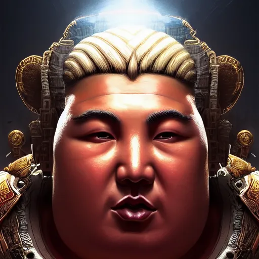 Image similar to portrait of kim - jong un as buddha, league of legends amazing splashscreen artwork, gears of war, splash art, natural light, elegant, photorealistic facial features, intricate, fantasy, detailed face, atmospheric lighting, anamorphic lens flare, cinematic lighting, league of legends splash art, hd wallpaper, ultra high details by greg rutkowski