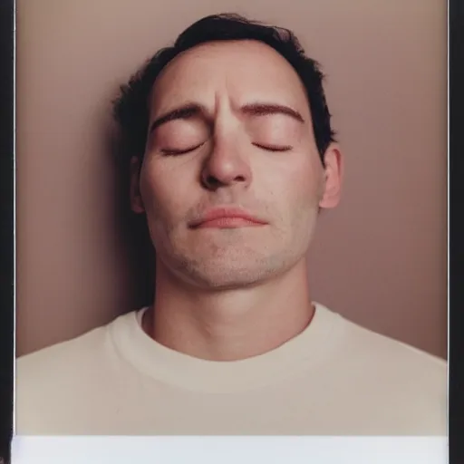 Image similar to a professional polaroid portrait photo of a man with an asymmetrical face with his eyes closed, dreaming. the man has black hair, light freckled skin and a look of panic on his face. extremely high fidelity. key light.