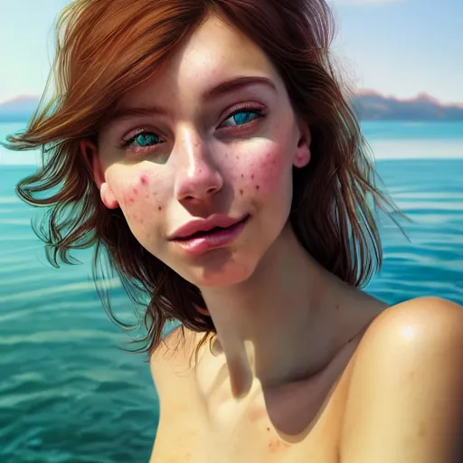 Image similar to portrait of a cute thin young woman, bronze brown hair, eye color is emerald green, red blush, cute freckles, smug smile, modern clothes, relaxing on the beach, golden hour, close up shot, 8 k, art by irakli nadar, hyperrealism, hyperdetailed, ultra realistic