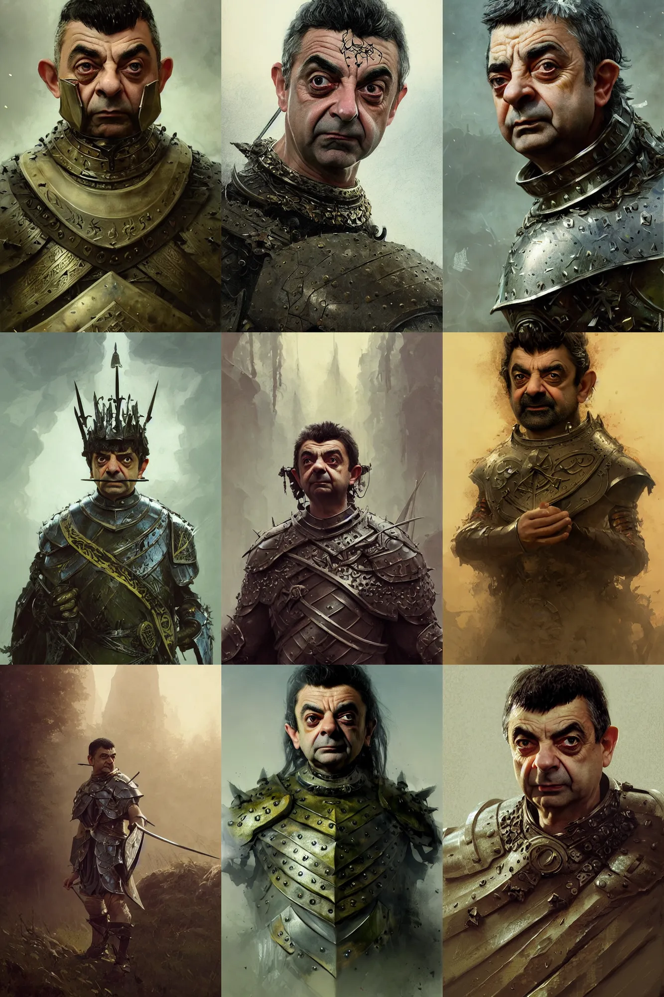 Prompt: rowan atkinson, legendary warrior, heroic, lord of the rings, tattoos, decorative ornaments, battle armor, by carl spitzweg, ismail inceoglu, vdragan bibin, hans thoma, greg rutkowski, alexandros pyromallis, perfect face, fine details, realistic shading photorealism