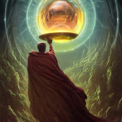 Image similar to the creator of worlds wearing a cloak and holding a holographic planet projection in his hand, detailed, sci - fi, digital painting, artstation, sharp focus, illustration, ominous, artgerm, tomasz alen kopera, peter mohrbacher, donato giancola, joseph christian leyendecker, wlop, frank frazetta