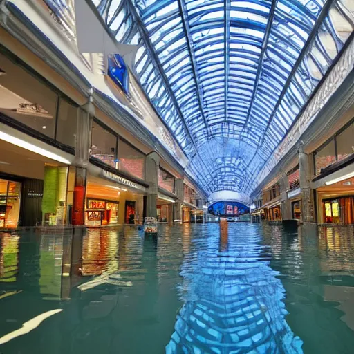 Prompt: photo of inside a shopping mall the inside is flooded with over 2 0 meters depth of water, highly detailed.