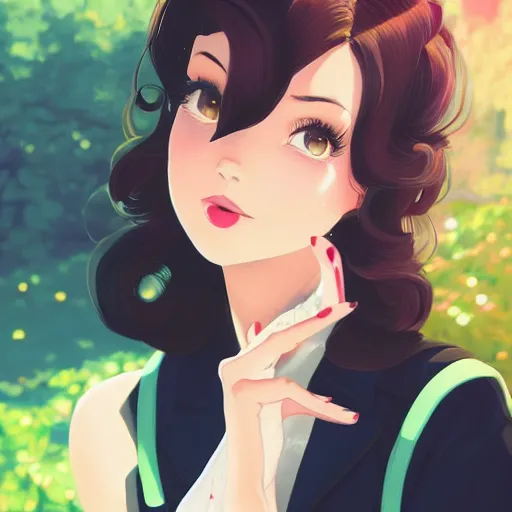 Image similar to portrait of a beautiful girl with dark hair dressed in 1950's fashion, park background, rich vivid colors, ambient lighting, dynamic lighting, 4k, official media, anime key visual, makoto shinkai, ilya kuvshinov, lois van baarle, rossdraws, detailed, trending on artstation