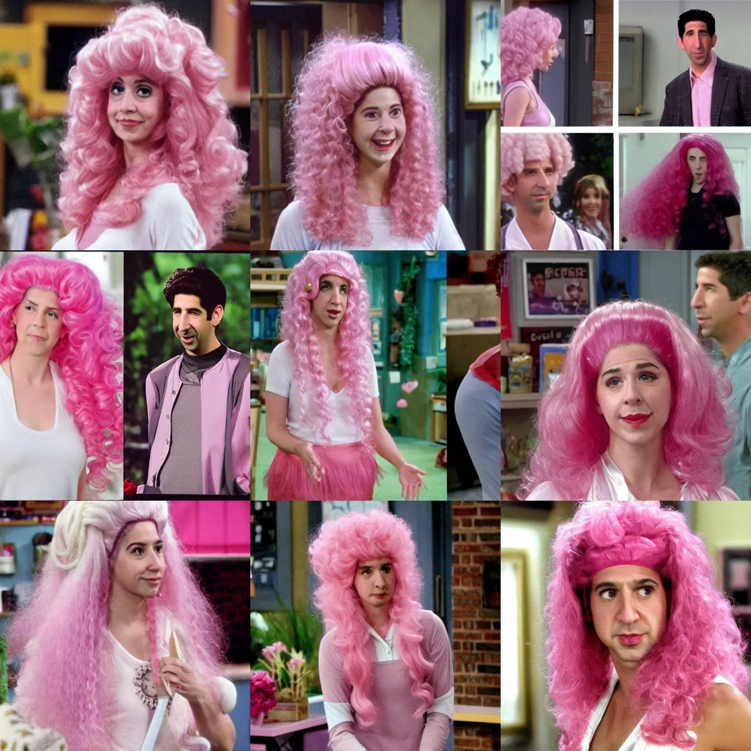 Prompt: Ross Geller from friends dressed up as Rose Quartz from Steven universe, wearing a gigantic curly pink wig and a white dress, Ross Geller as played by David Schwimmer in Friends —width 270 —height 480 —n 4 —cfg 5 —steps 50