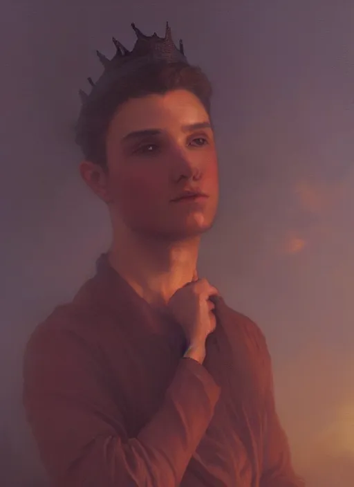 Image similar to oil painting of a handsome young man with dark hair, wearing a crown of fire!! at sunset, hazy, digital art, chiaroscuro, artstation, cinematic, golden hour, digital art painting by greg rutkowski, william - adolphe bouguereau, hazy atmosphere, cinematic lighting