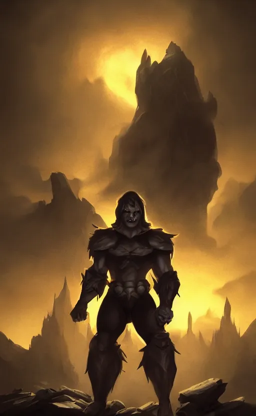 Prompt: Full body centered uncut character pose of mysterious-eerie-ominous He-Man with a dark manner, dark grey shadowy smokey background, golden hour, atmospheric, cinematic, Epic, ultra-detailed, sharp focus, illustration, artwork by Jordan Grimmer and Greg Rutkowski