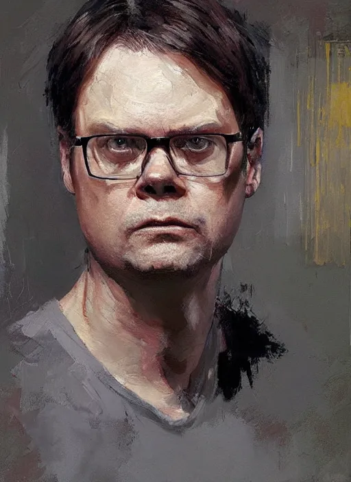 Prompt: portrait painting of dwight schrute by jeremy mann, only one head single portrait