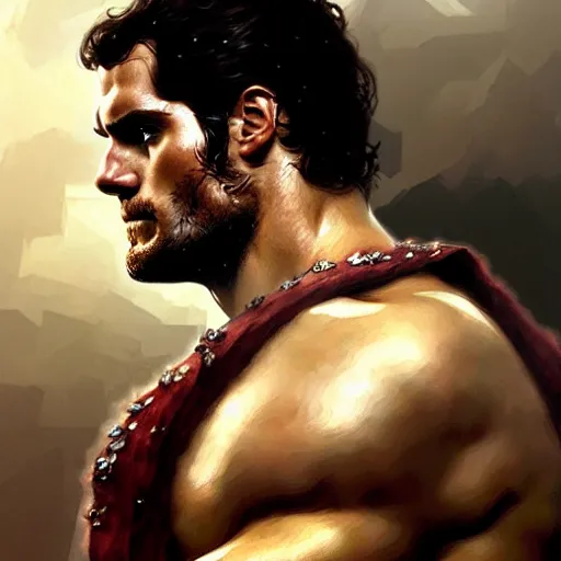 Image similar to henry cavill as a greek gladiator, gorgeous, amazing, muscular, intricate, highly detailed, digital painting, artstation, concept art, sharp focus, illustration, art by greg rutkowski and alphonse mucha