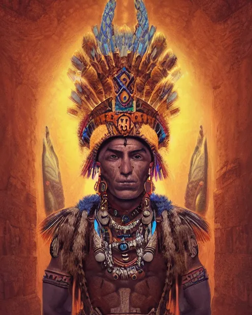 Prompt: digital painting of an aztec shaman by filipe pagliuso and justin gerard, symmetric, fantasy, detailed, intricate, portrait, sharp focus, tarot card, handsome, gwent