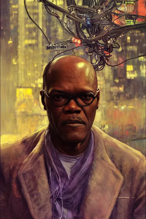 Prompt: hyperrealist portrait of samuel l jackson, it is decorated with wires and monitors in the miami beach background. by jeremy mann and alphonse mucha, fantasy art, photo realistic, dynamic lighting, artstation, poster, volumetric lighting, very detailed faces, 4 k, award winning