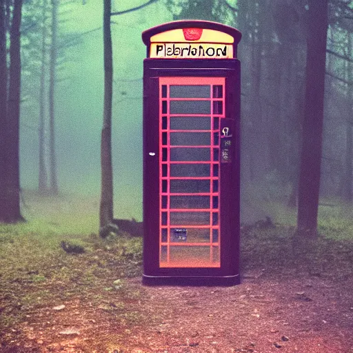 Image similar to a phone booth in the middle of a forest at night, dark, foggy, eerie, creepy, unsettling, lost footage, old polaroid, expired film,