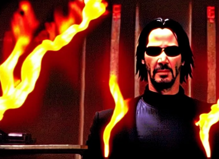 Image similar to Movie still of Keanu Reeves as Neo in The Matrix movie doing a thumb up to the camera in front on burning servers, servers in flames in the background, doing a thumb up, The Matrix servers on fire, uncropped, full body, crispy, symmetrical face, ultra detailed, cinematic, thumb up, double thumb up to the camera