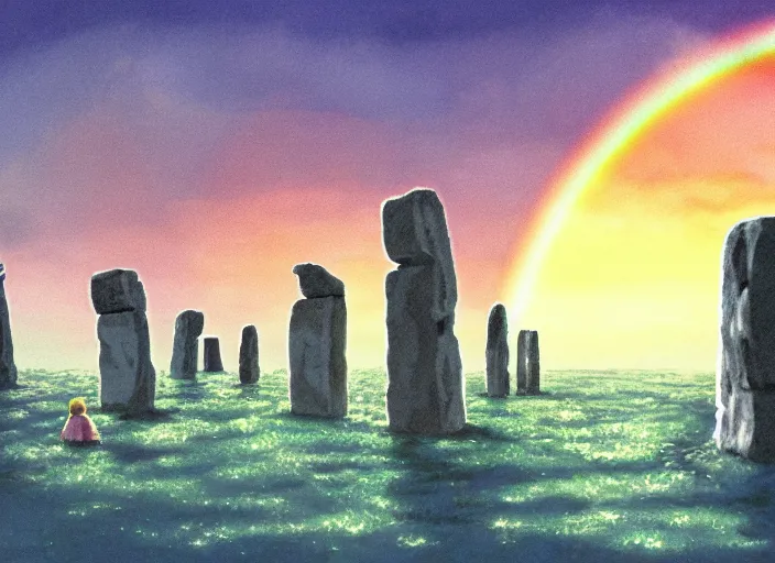 Image similar to a realistic cell - shaded studio ghibli concept art from paprika ( 2 0 0 6 ) of a rainbow - colored cube from close encounters of the third kind ( 1 9 7 7 ) and a grey long - haired witch sitting on top of a pillar in a flooded stonehenge on a misty starry night. very dull colors, wide shot, hd, 4 k, hq