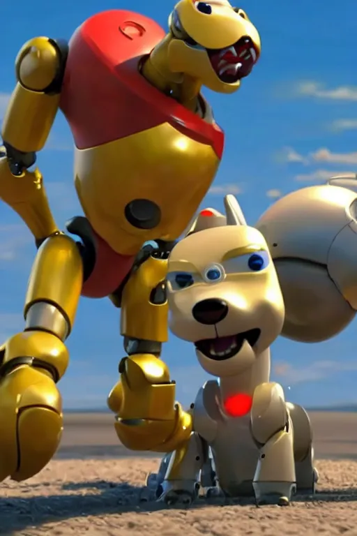 Prompt: Robot dog is trying to bite his own tail. By Disney Pixar 4K render 3d funny animation movie Oscar winning