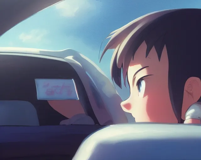 Prompt: a brunnete girl with blue eyes and puffy cheeks driving a car, close up shot from the back of the car, anime art, Greg Rutkowski, studio ghibli, dramatic lighting