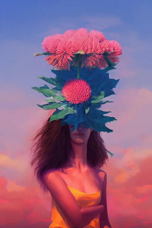 Image similar to closeup girl with huge dahlia flower head, portrait on beach, surreal photography, blue sky, sunrise, dramatic light, impressionist painting, digital painting, artstation, simon stalenhag