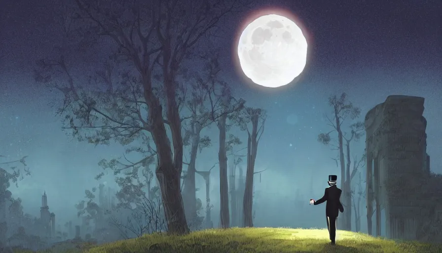 Image similar to ilya kuvshinov illustration of a gentleman in a suit and top hat watching the moon shine over the overgrown valley with ancient ruins reclaimed by nature, hazy and misty, magical feeling, night, stars uhd, high detail, by ilya kuvshinov