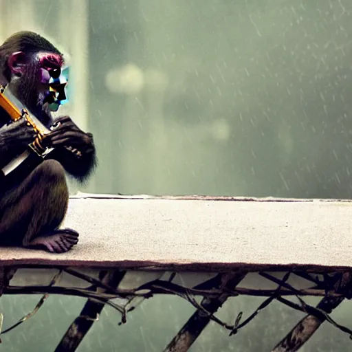 Image similar to movie still of a monkey playing banjo on a rooftop in the rain, hyper realistic, dark, gothic, nightcore, 4 k, highly detailed, beautifully rendered