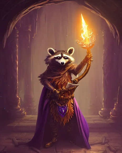 Image similar to anthropomorphic royal warlock raccoon casting a spell in a dungeon, dark souls, d & d, fantasy, intricate, action pose, elegant, highly detailed, digital painting, artstation, concept art, matte, sharp focus, volumetric lighting, illustration, hearthstone, art by artgerm, wlop, greg rutkowski and alphonse mucha