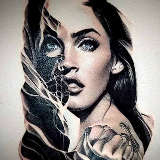 Image similar to tattoo design sketch with double exposure effect, megan fox face faded against beautiful mountain scenery, in the style of matteo pasqualin, amazing detail, mash up