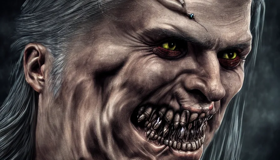 Prompt: magical witcher, evil smile, death, fear, horror, extremely high detail, ultra realistic, hyperrealism, by giger, 4 k