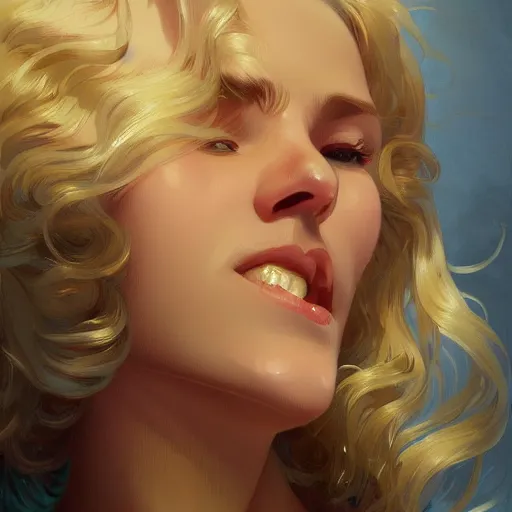 Image similar to A pregnant blond lady with closed eyes smiling, very detailed sharp angular masculine face, hooked nose and square jaw long fluffy curly blond hair, light blond hair, gorgeous, beautiful, intricate, highly detailed, digital painting, artstation, concept art, sharp focus, illustration, art by greg rutkowski and alphonse mucha